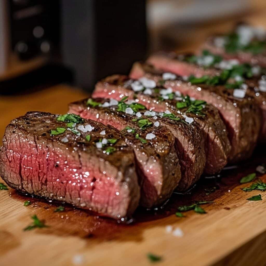 Frozen steak sous vide sliced and served on a cutting board