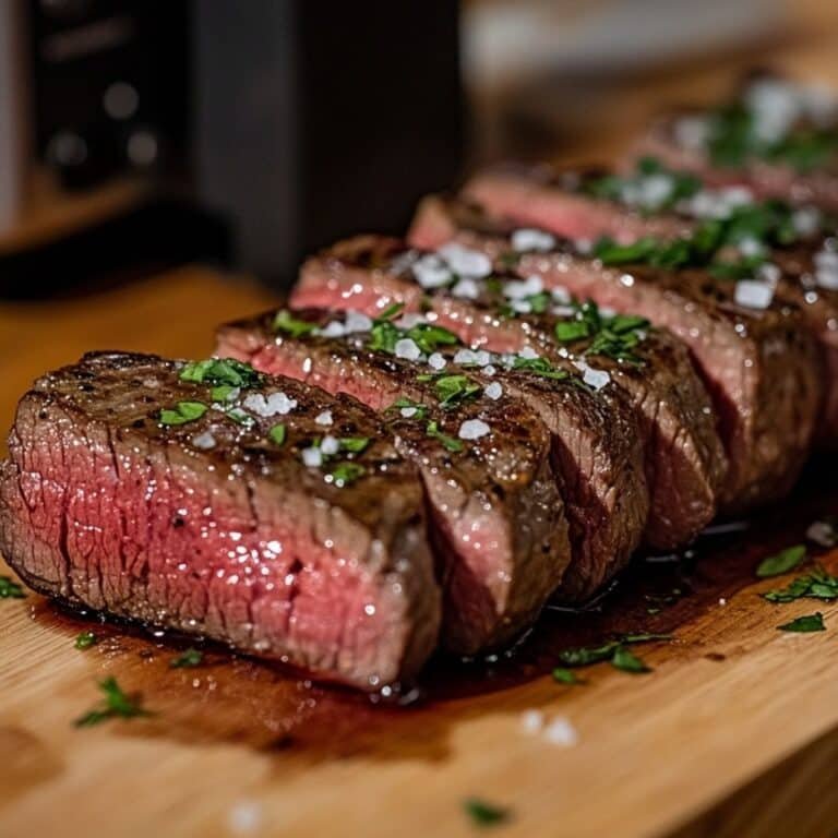 Frozen steak sous vide sliced and served on a cutting board