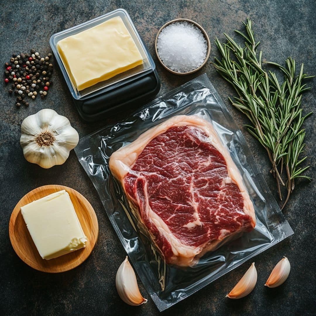 Ingredients for frozen steak sous vide including herbs and butter