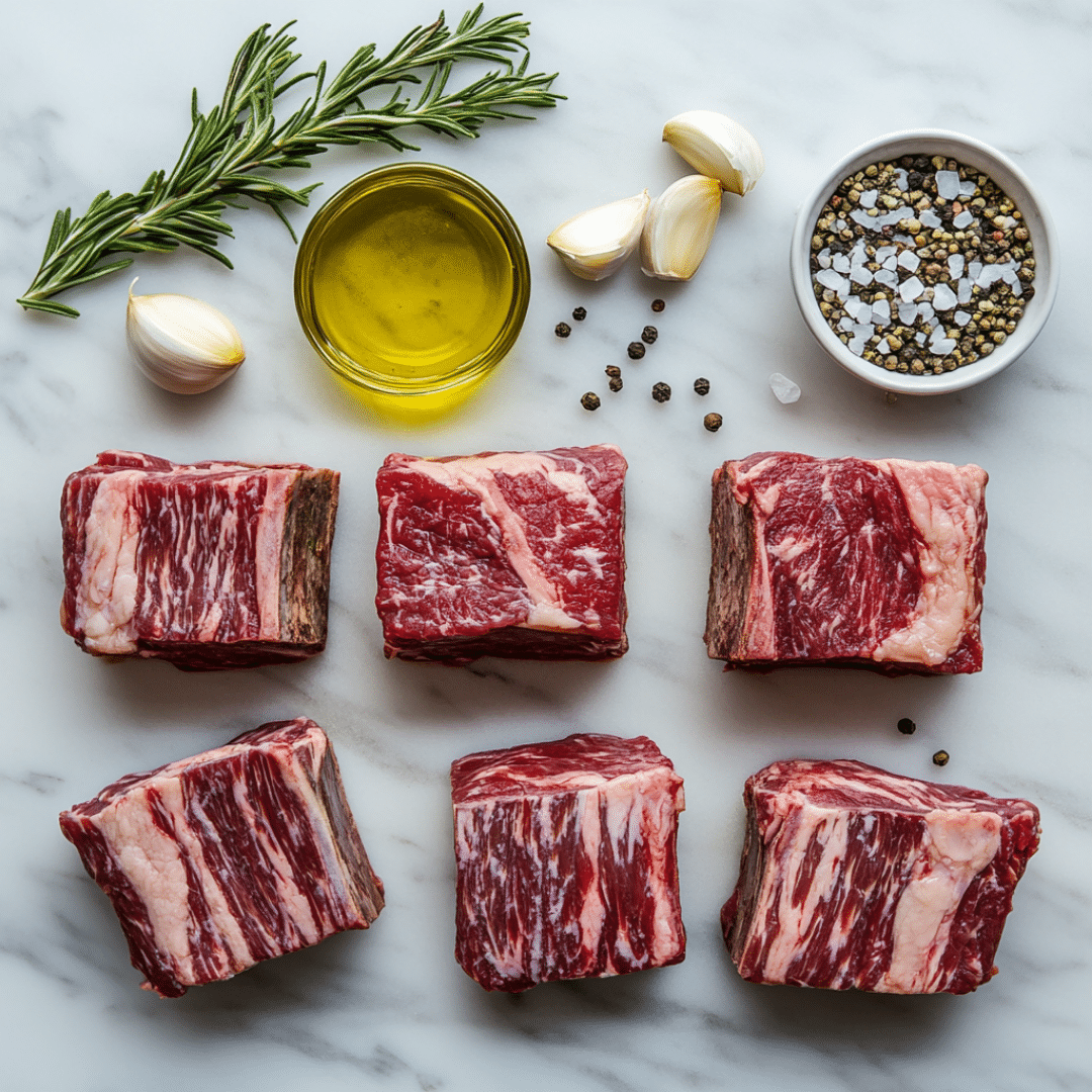Ingredients for sous vide short ribs on marble surface