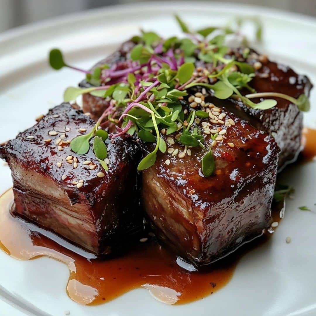 Sous vide boneless short ribs plated with garnish