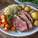 Served sous vide corned beef with vegetables