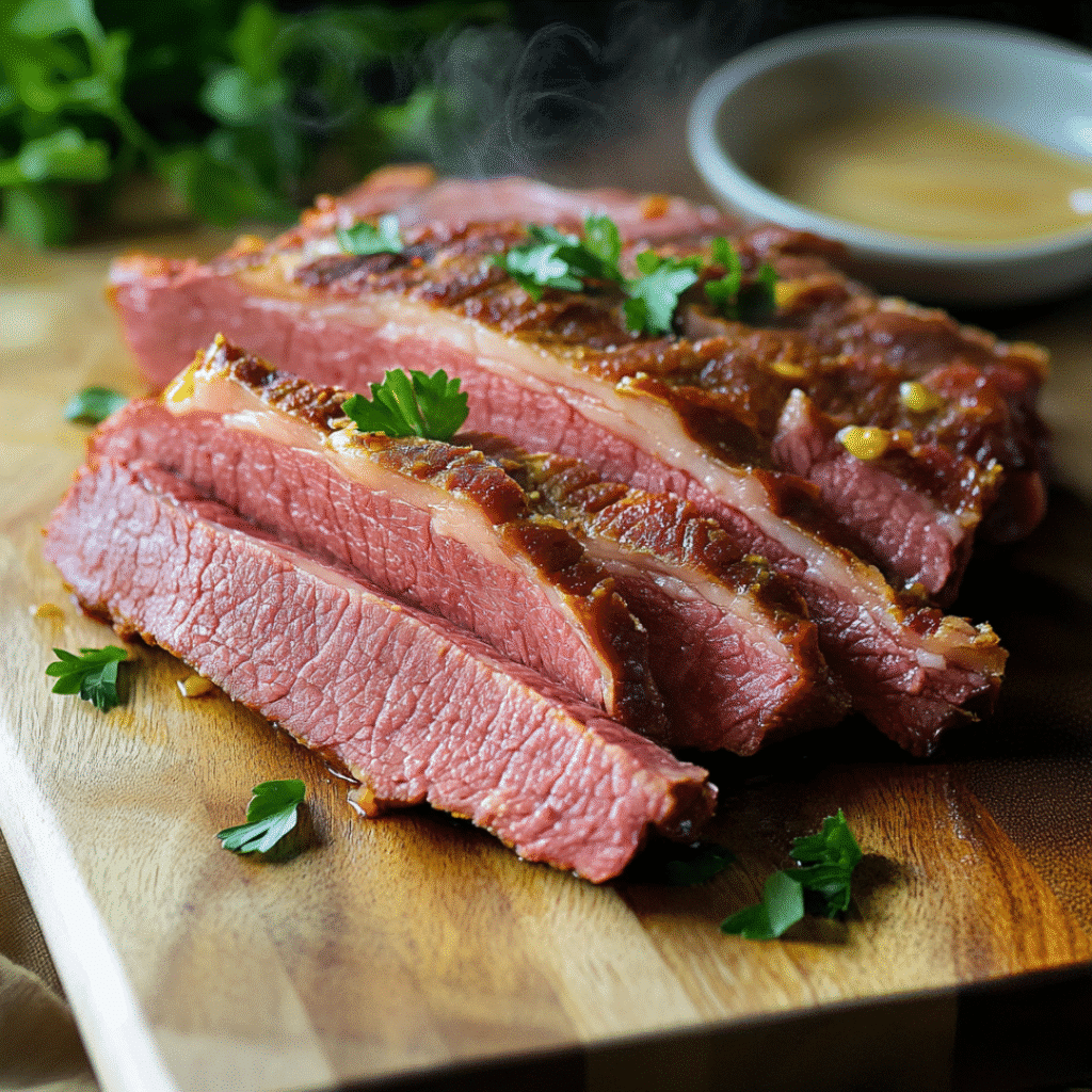 Sous vide corned beef recipe sliced on board