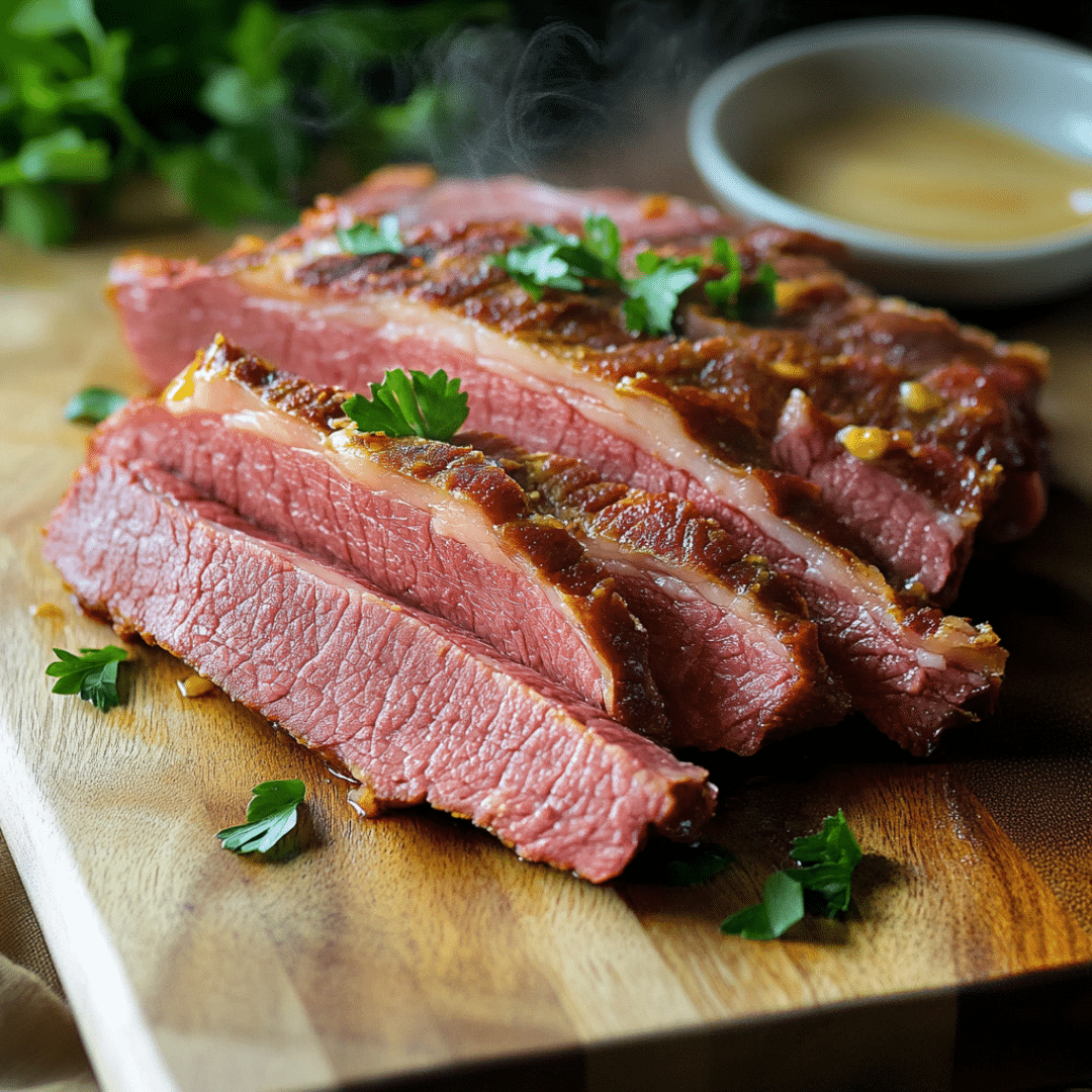Sous vide corned beef recipe sliced on board