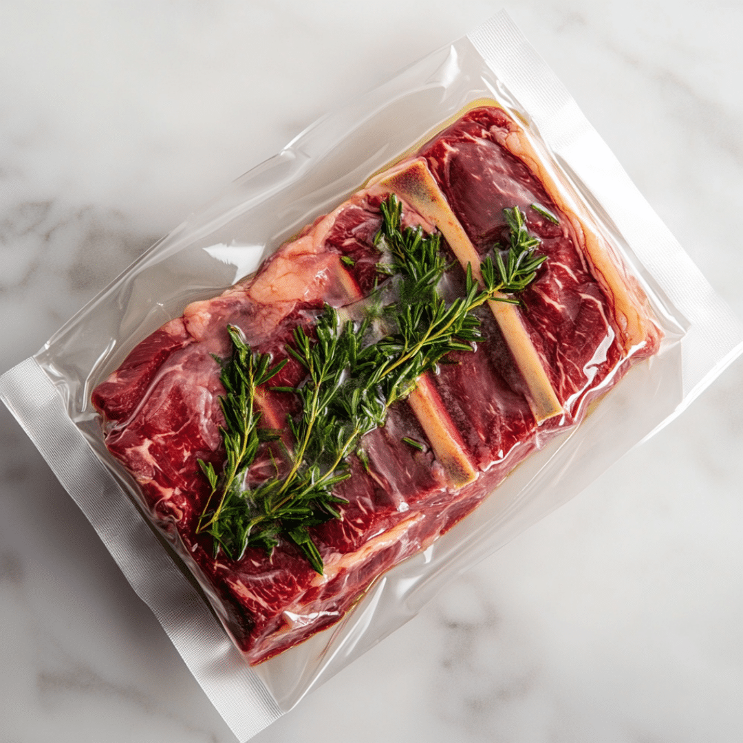 Sealing sous vide short ribs in vacuum bag