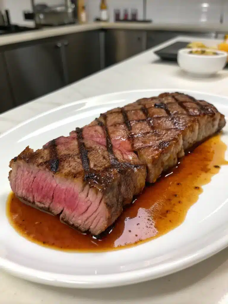 New York strip steak sous vide-style, sliced and ready to serve