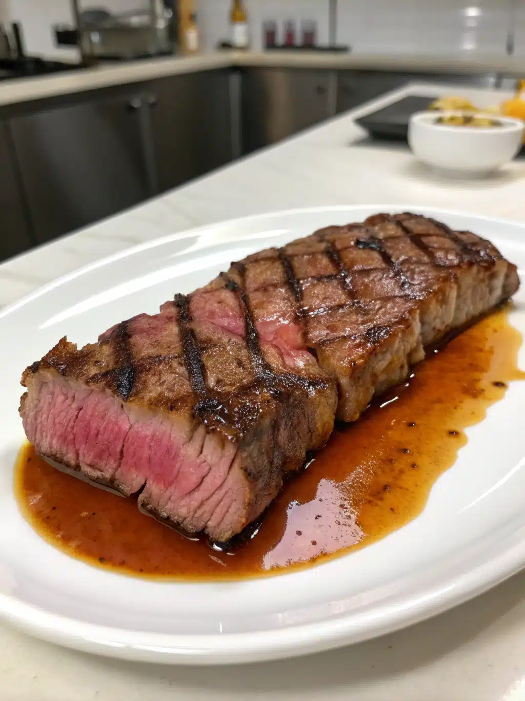 New York strip steak sous vide-style, sliced and ready to serve