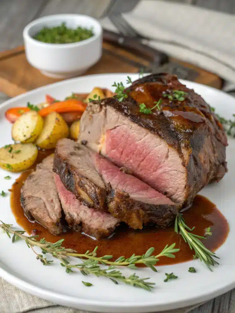 Rib roast cooked to perfection via sous vide, ready for carving