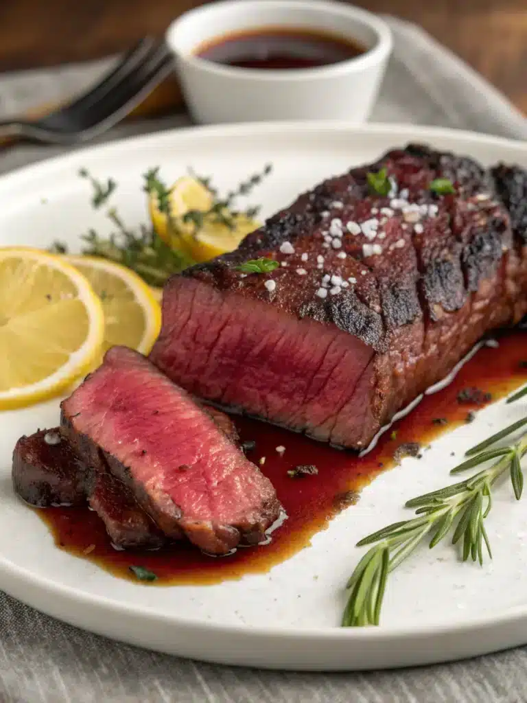 Thick sirloin sous vide-style, showing juicy pink core and spice rub